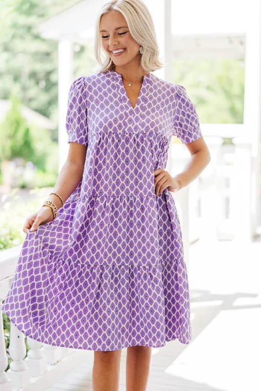 Fast Learner Purple Lattice Print Midi Dress Current Trends