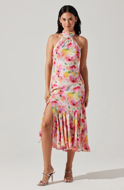 Caspia Floral Halter Neck Dress Don't Miss Out