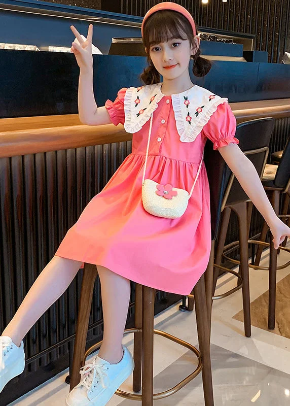 Cute Pink Print Patchwork Wrinkled Cotton Girls Holiday Mid Dress Short Sleeve Feminine Soft - Hued Styles