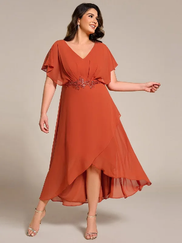 Plus Size V-Neck Chiffon Bat-Wing Sleeve A-Line Waist Applique Formal Dress Update With Cottagecore Styles