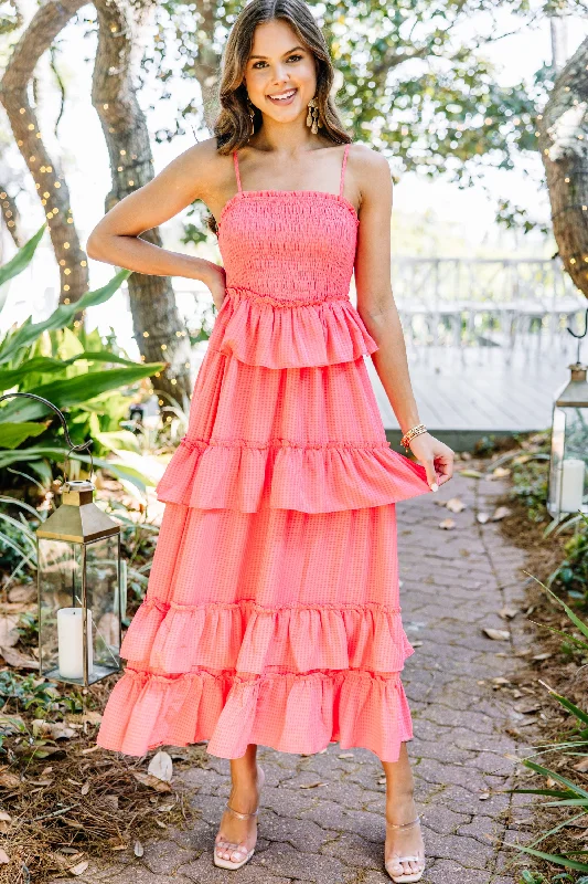 Got It All Bright Coral Pink Ruffled Midi Dress Trendy Street Style