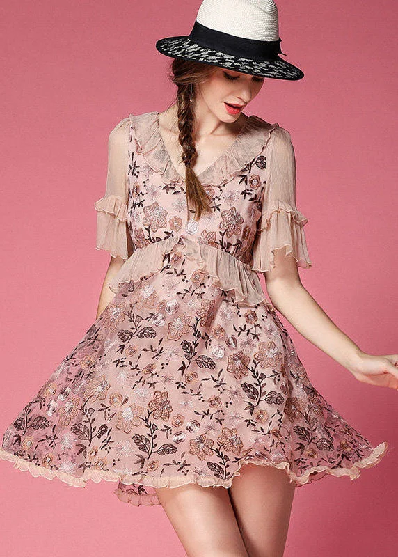 Pink Patchwork Tulle Mini Dress V Neck Ruffled Embroideried Short Sleeve Charming Silhouette