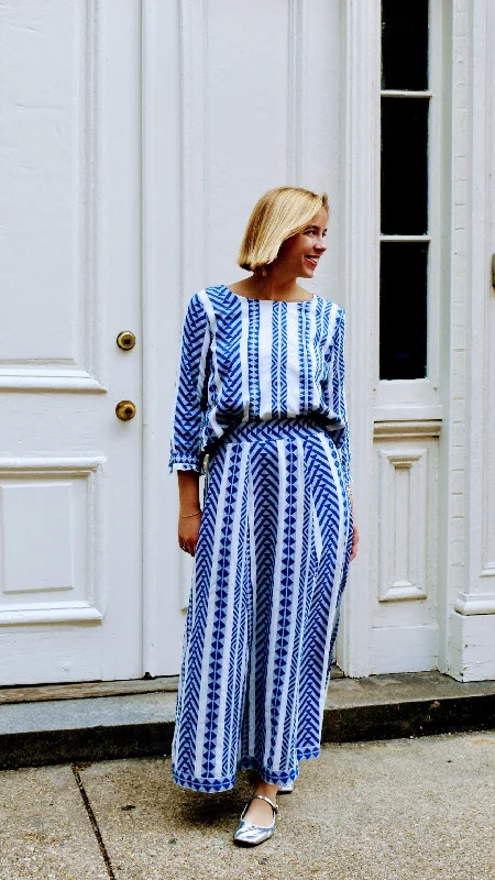 Hanley Midi Skirt Blue and White Woven Trend Setting Threads