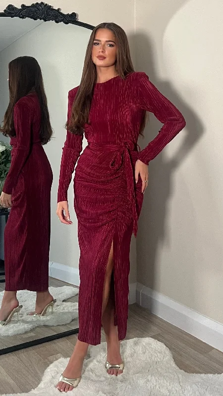 Adella Burgundy Long Sleeve Ruched Seamed Midi Dress Stylish Savings