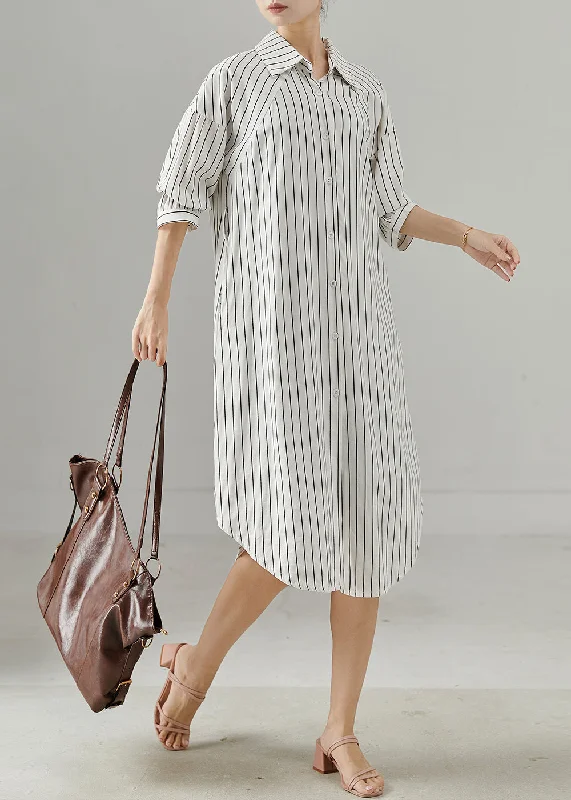 Women White Peter Pan Collar Striped Cotton Shirt Dresses Spring Beat The Heat In Tropical Styles