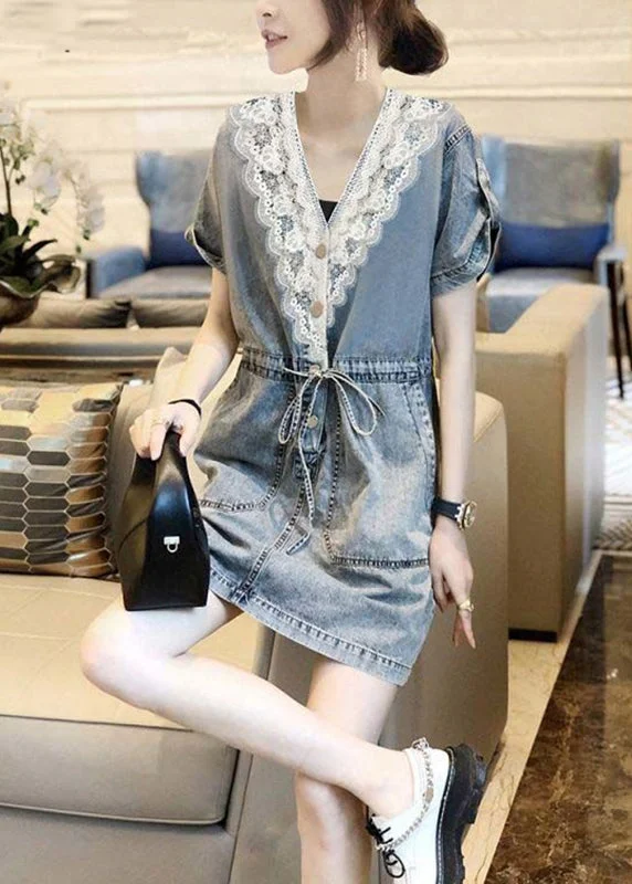 Women Blue V Neck Lace Patchwork Tie Waist Holiday Mid Dress Short Sleeve Seasonal Trend