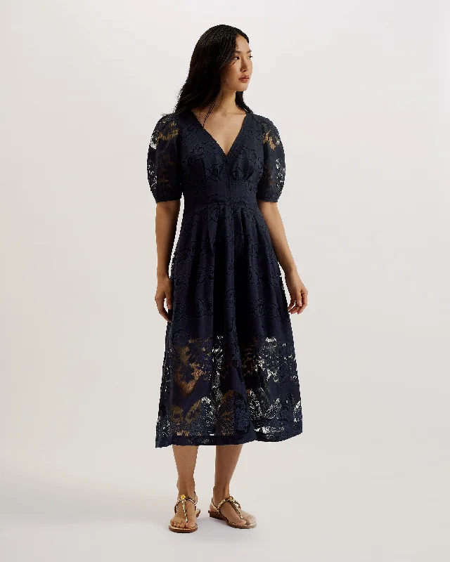 Agnel Lace Puff Sleeve Midi Dress Navy Exquisite Craftsmanship