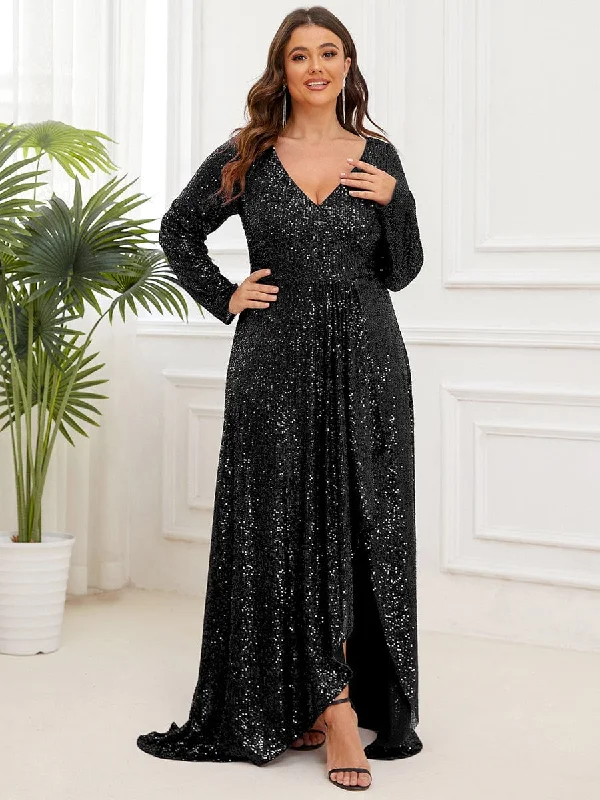 Plus Size Sequin V-Neck Long Sleeve High Slit Bodycon Evening Dress Women's Fashion Hotspots