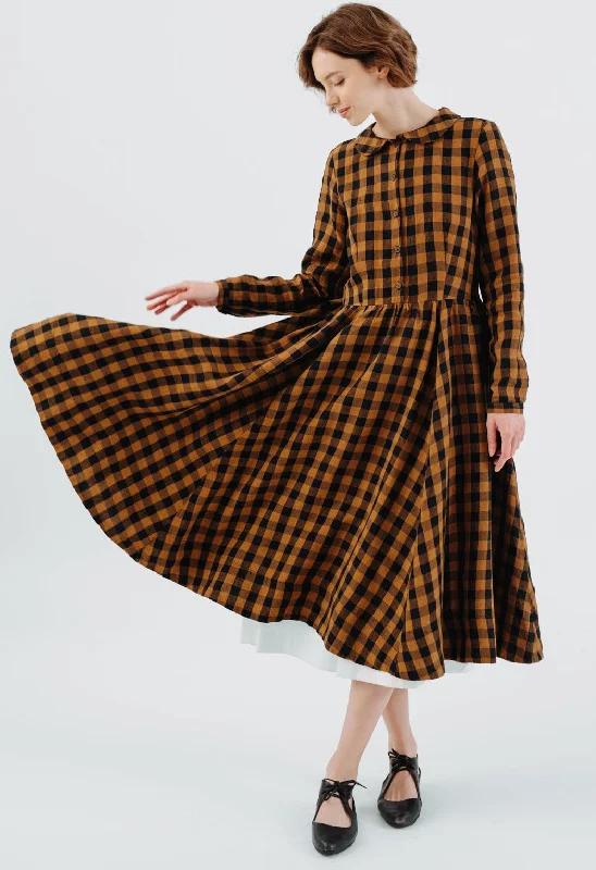 Classic Dress, Long Sleeve, Brown Checkers Vintage Look