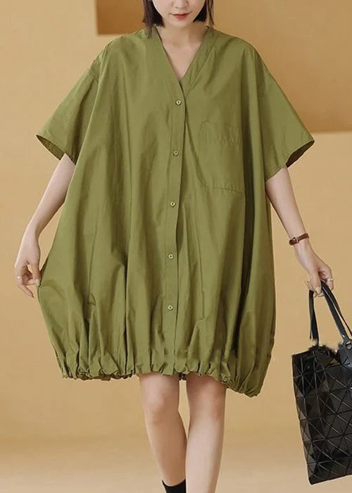 Plus Size Green Solid Button Cotton Shirts Mid Dress Short Sleeve Fashion Sale