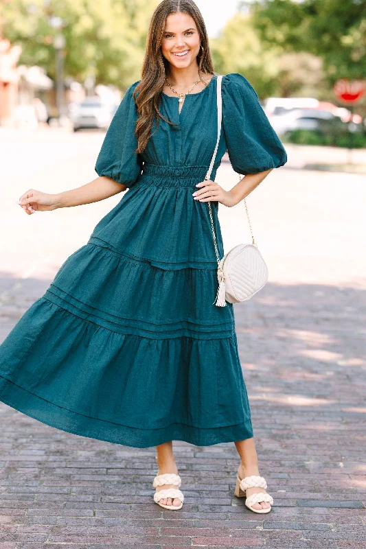 It's All For You Teal Green Tiered Midi Dress Romantic Detailing