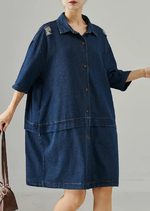 Casual Navy Oversized Patchwork Denim Ripped Dresses Summer Buy More, Save More