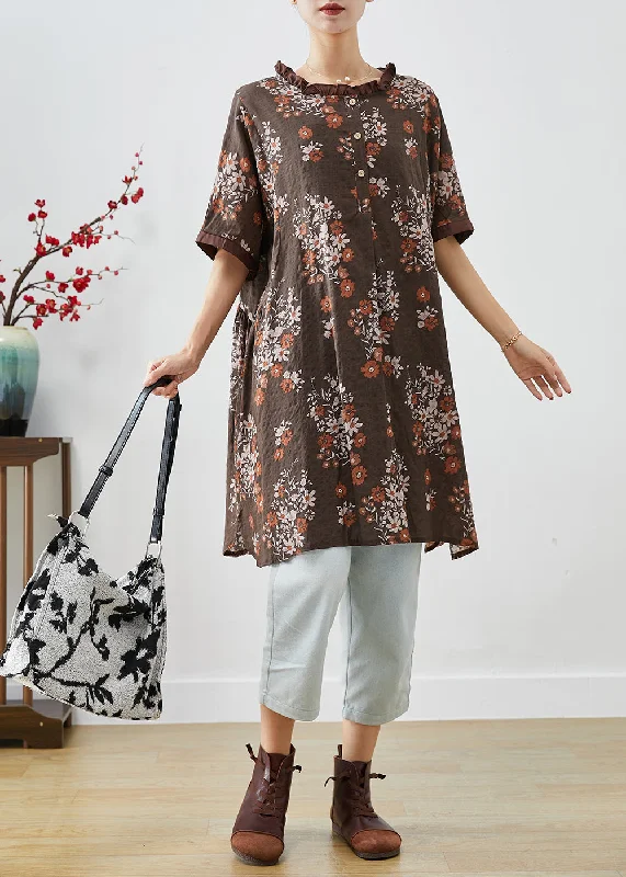 Coffee Print Linen Shirt Dresses Ruffled Summer Classic Appeal