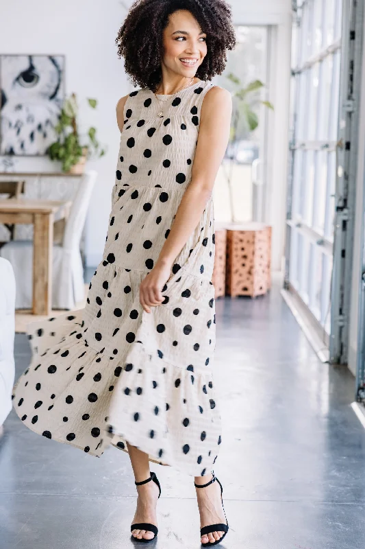 Just A Dream Khaki Brown Polka Dot Midi Dress Spring Fling Sale