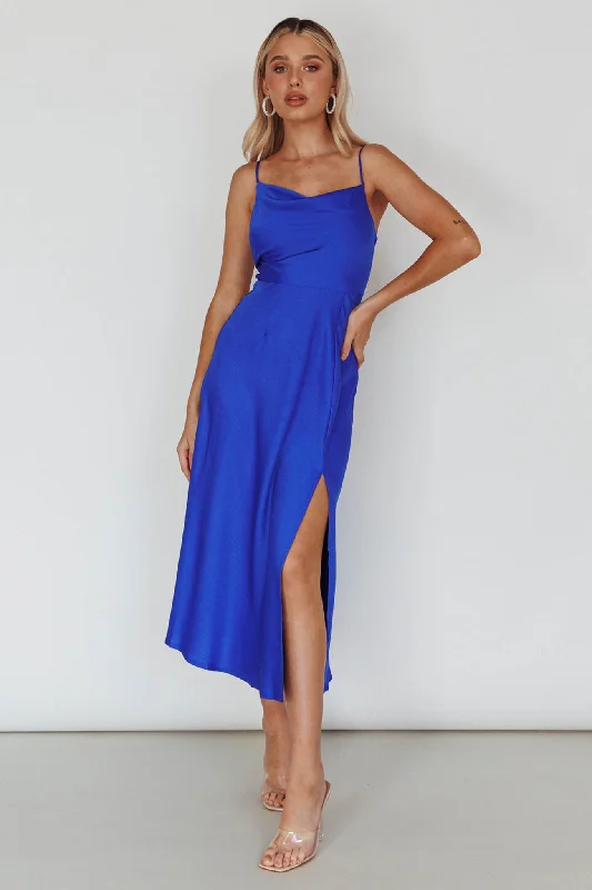 Suki Front Split Midi Dress Royal Blue Feminine Grace