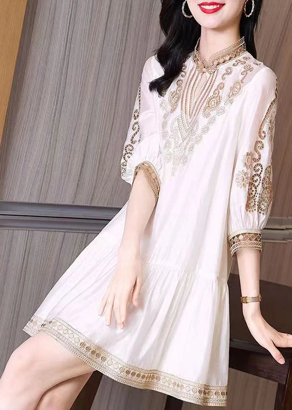 Elegant White Stand Collar Lace Patchwork Silk Maxi Dress Spring Stylish Spring Fashion