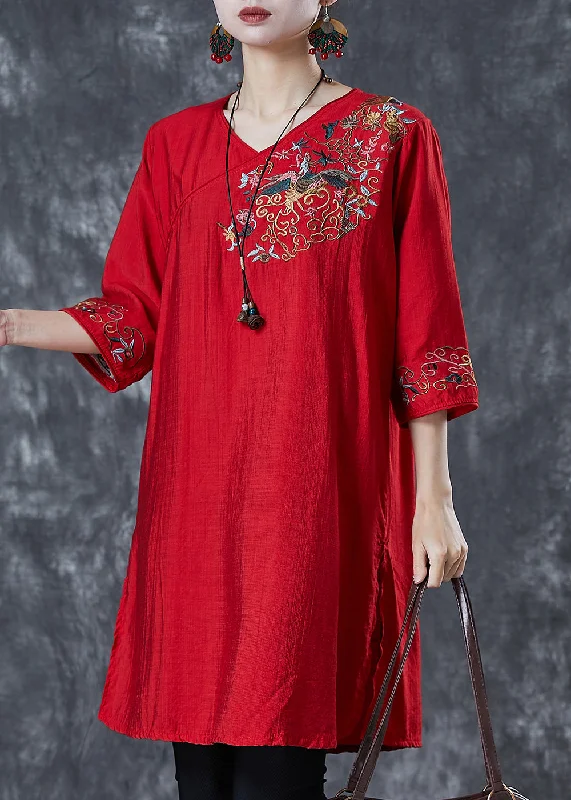 Women Red Embroidered Linen Mid Dresses Summer Stylish Statements