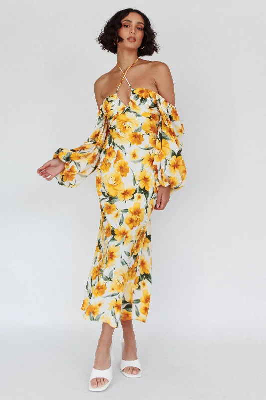 Nyree Long Sleeve Midi Dress Flowers Yellow Wardrobe Essentials