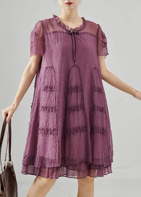 Italian Purple Ruffled Tasseled Silk Tea Dress Summer Hot Styles