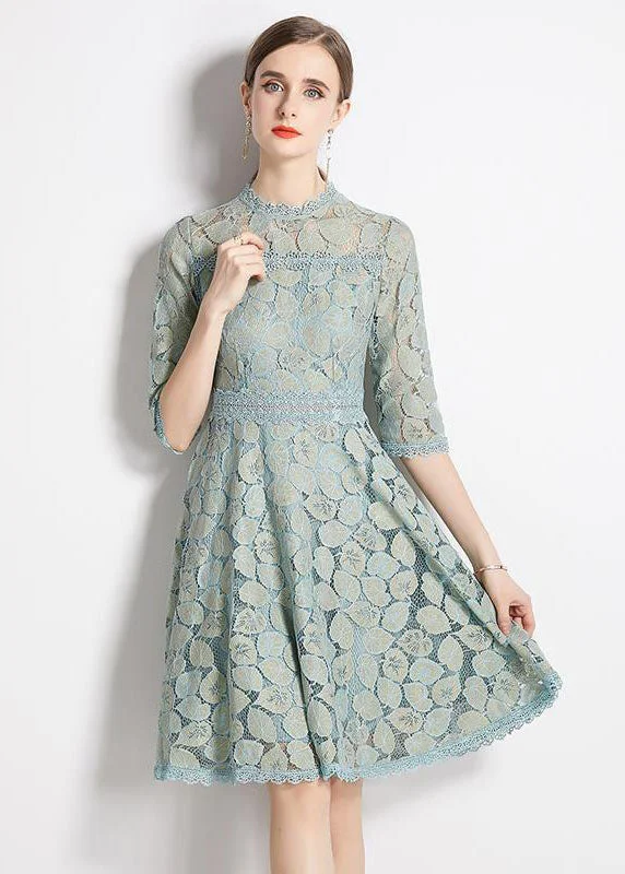 Slim Fit Light Blue Embroideried Patchwork Lace Dress Half Sleeve Save On Inspired Styles