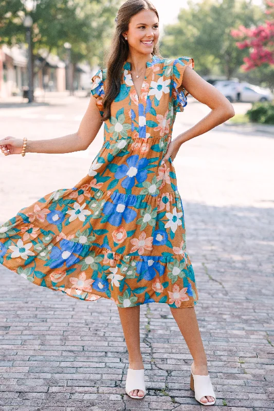 Created Beauty Apricot Orange Floral Midi Dress Latest Fashion