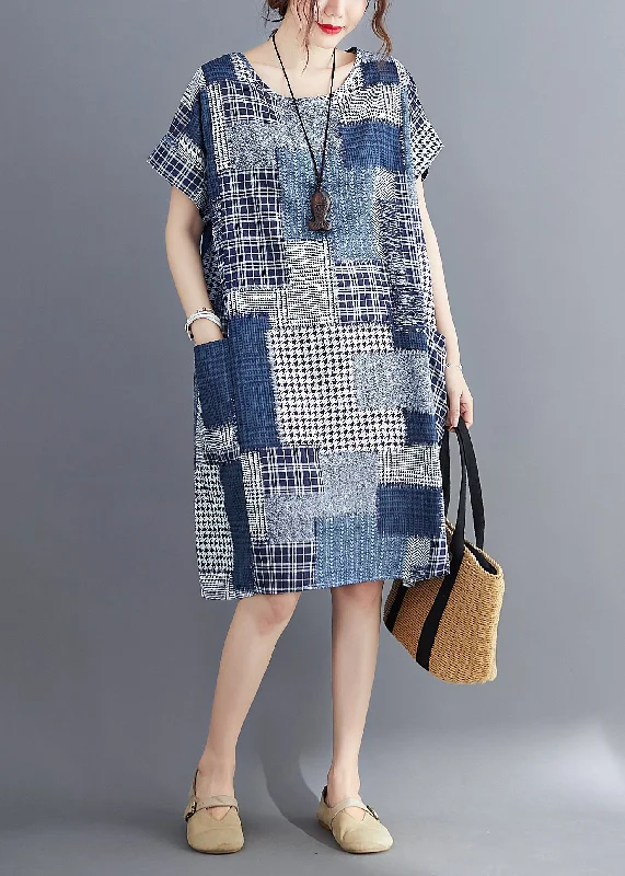 Navy Print Cotton Long Dress O-Neck Pockets Summer Step Ahead, Lead The Trend