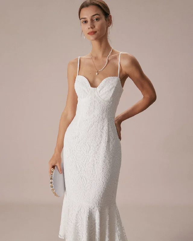 The White Lace Ruffle Slip Mermaid Midi Dress Now On Sale For Chic Urban Styles