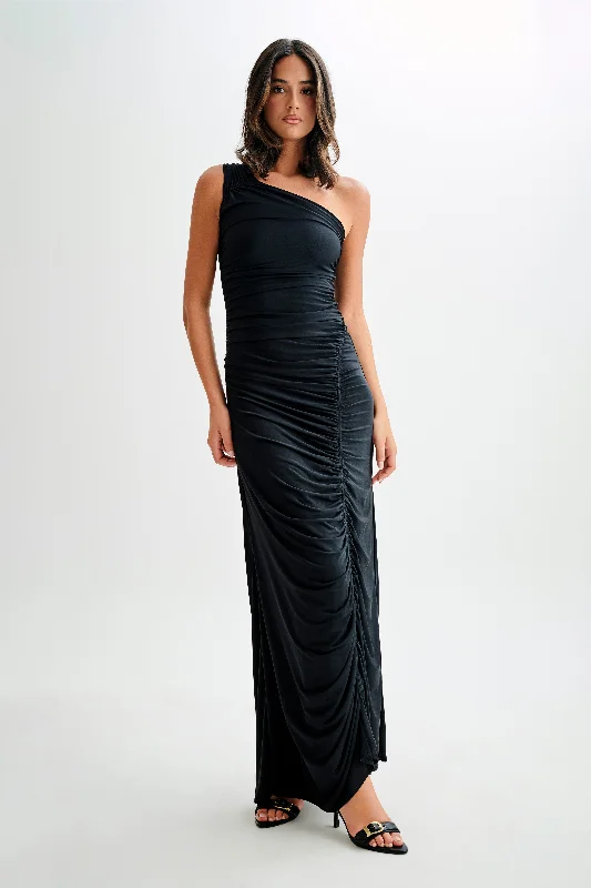 Capri Gathered Slinky Maxi Dress - Black Huge Discounts This Week