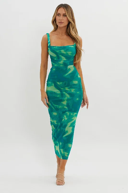 Dream Crush Lace-Up Back Side Split Maxi Dress Swirl Green Seasonal Fashion