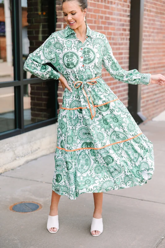 Get What You Need Green Printed Midi Dress Anniversary Sale