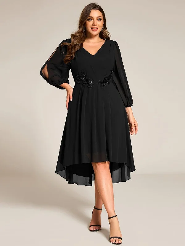 Warm Elise | Plus Size Flowy Long Sleeves V-Neck Waist Applique Midi Chiffon Wedding Guest Dress Contemporary Chic