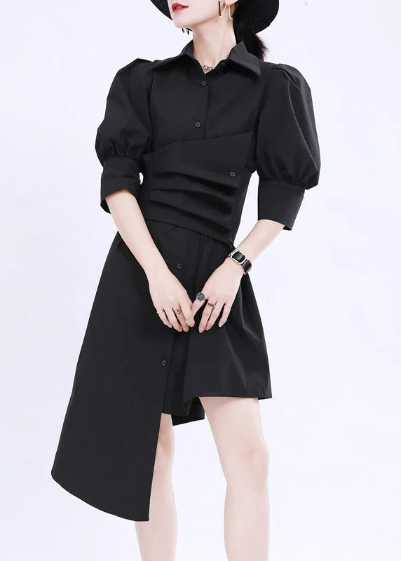 French Black Asymmetrical Design Solid Color Cotton Shirt Dress Lantern Sleeve Lighten Up With Nordic Styles