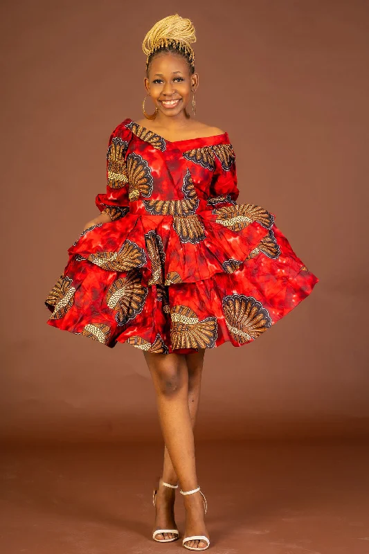 Alex Ankara Short Midi Dress | Red African Print Sustainable Fashion Extravaganza