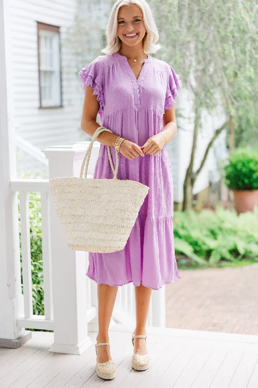 Feeling The Joy Lavender Purple Eyelet Midi Dress Mega Sale