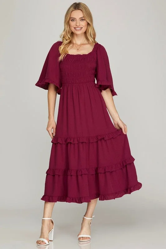 AMANDA BELL SLEEVE SQUARE NECK SMOCKED TIERED MIDI DRESS Hot Trends