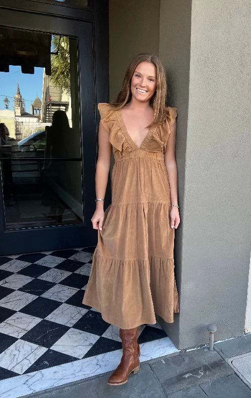 Savannah Midi Dress Caramel Corduroy Grab Romantic Date - Night Styles Now