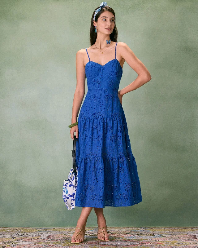 The Blue Sweetheart Neck Embroidery Slip Midi Dress Trendy Fashion Sale