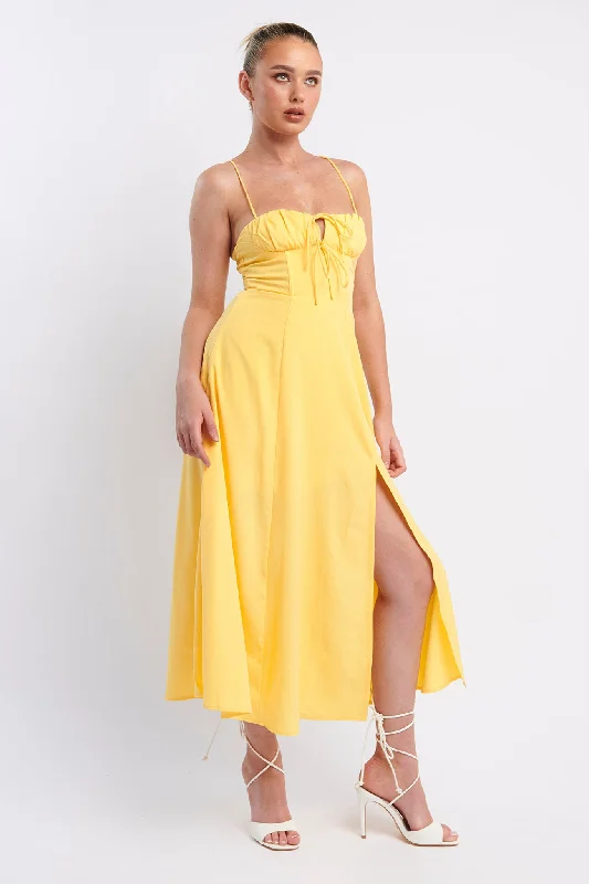 Euro Summer Split Hem Midi Dress Yellow Seasonal Trend