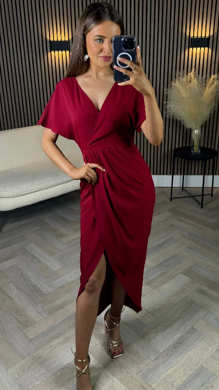 Tasmin Red Wrap Over Style Midi Dress Trend Alert