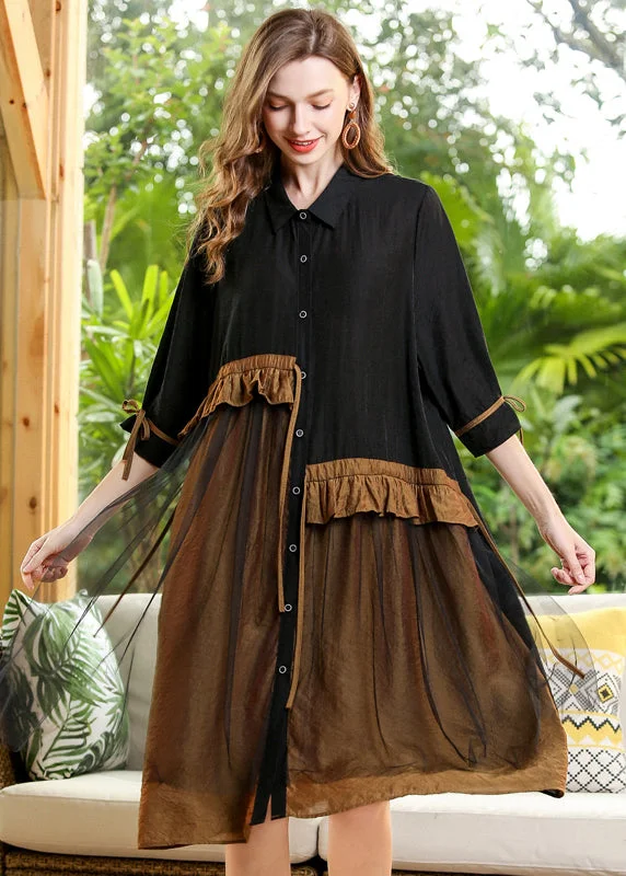 Black Patchwork Tulle Holiday Dress Peter Pan Collar Ruffles Half Sleeve Beat The Heat In Tropical Styles