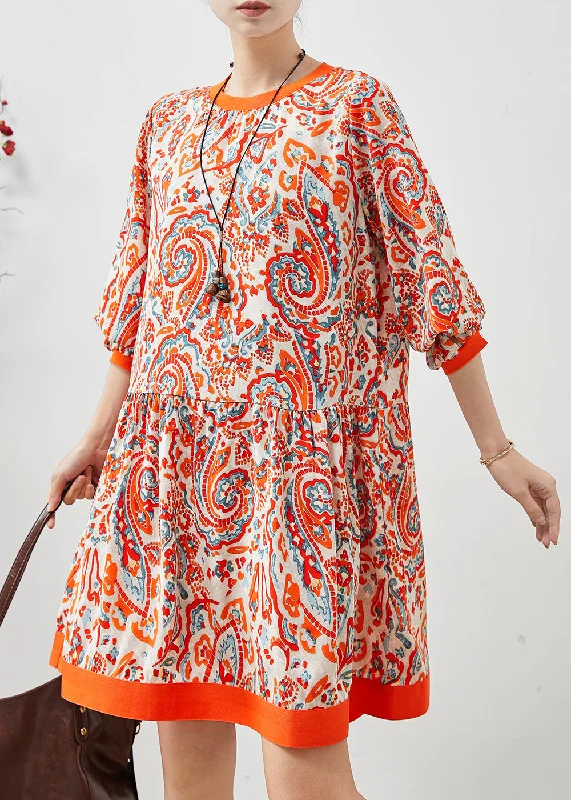 Classy Orange Print Chiffon Tea Dress Fall Limited Stock, Big Sale