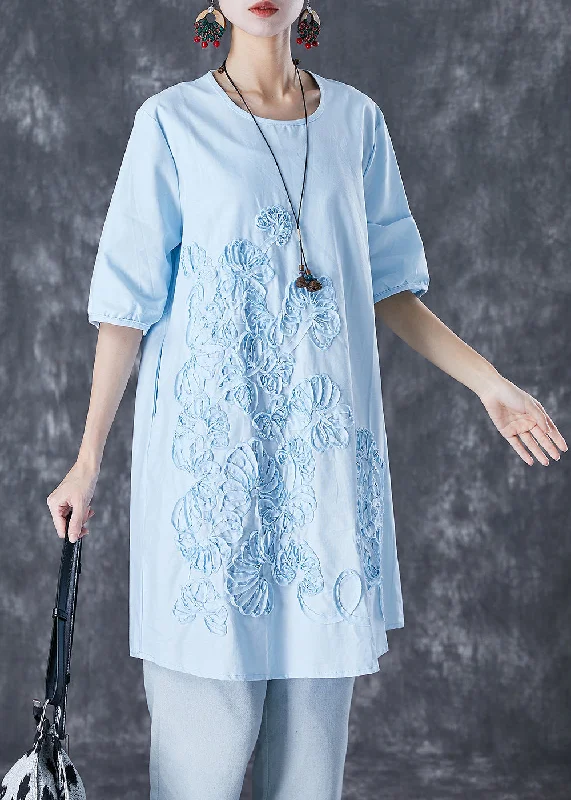 Elegant Sky Blue Embroideried Linen Mid Dress Summer Boutique Styles