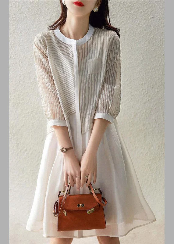 Women Beige O-Neck Striped Pockets Fake Two Pieces Tulle Dresses Long Sleeve Wardrobe Update