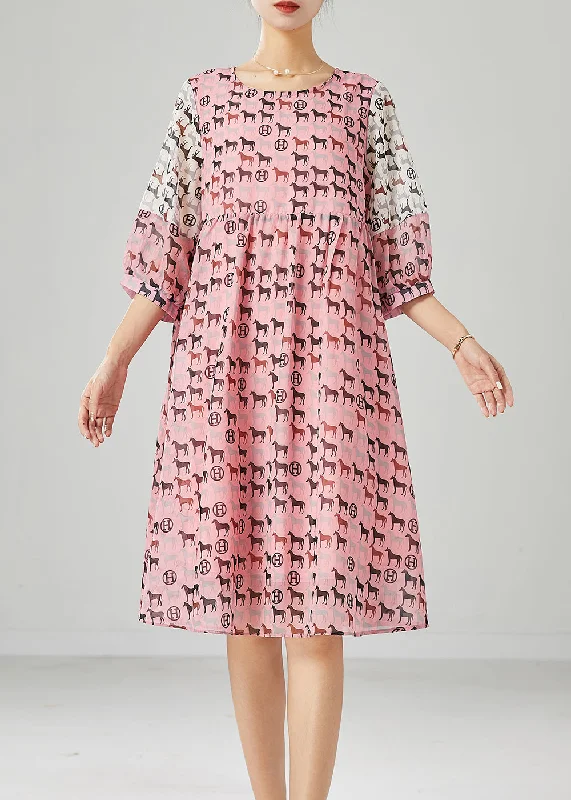 Fashion Pink Pony Print Patchwork Chiffon Dress Summer Fashion Sale