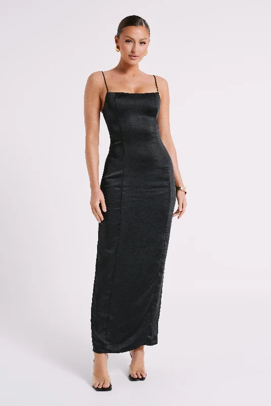 Chrisley Satin Maxi Dress With Split - Black Seasonal Style Discounts