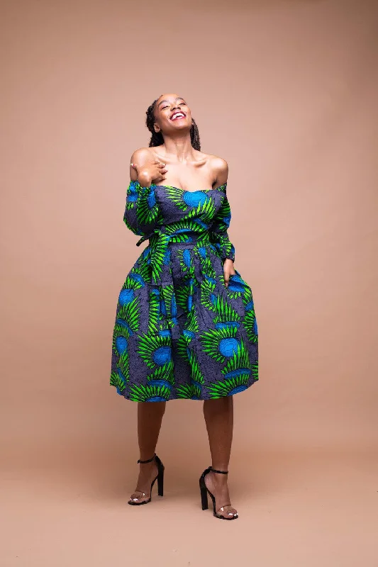 Sandy Ankara Midi Dress | Green and Blue African Print Trend Driven Wardrobe