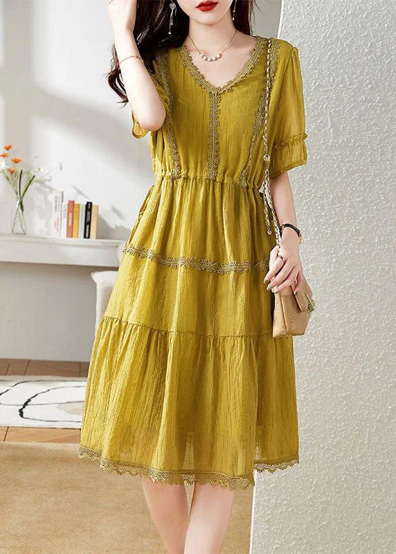 Unique Yellow V Neck Lace Patchwork Chiffon Dress Summer Chic Wardrobe Essentials