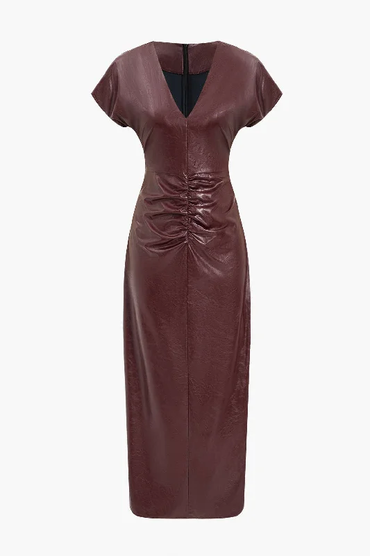 Faux Leather Ruched V-Neck Midi Dress Odd Size Clearance Sale