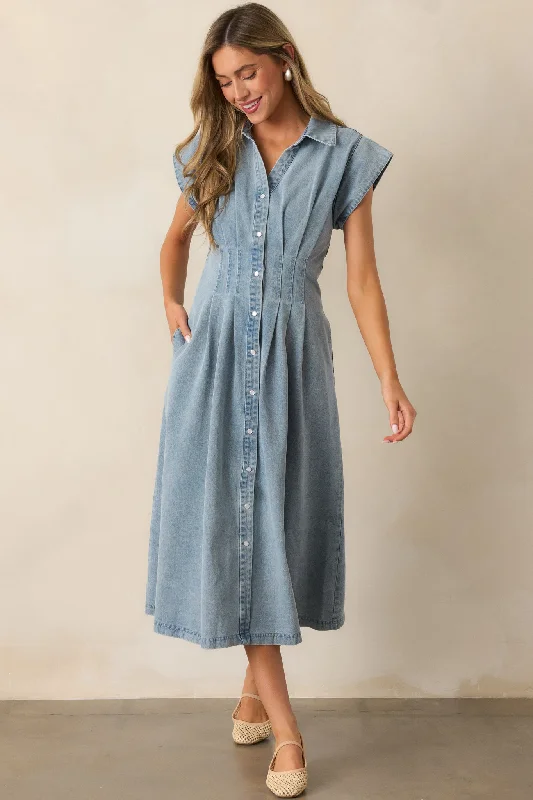 Classic Tea Party Light Wash Denim Button Front Pleated Midi Dress Exclusive Sale