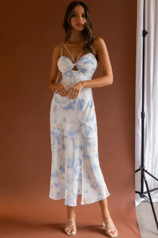 She Reigns Twist Bust Split Midi Dress Tie Dye Blue Romantic Date - Night Ensemble